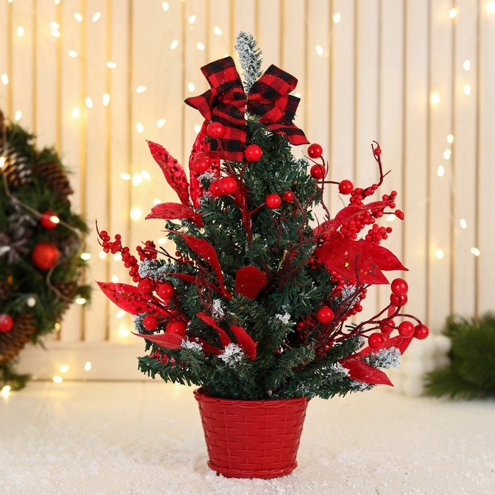 Ёлка декор Ёлка декор "Праздничная" бантик клетка листья блеск, 17х38 см, красный