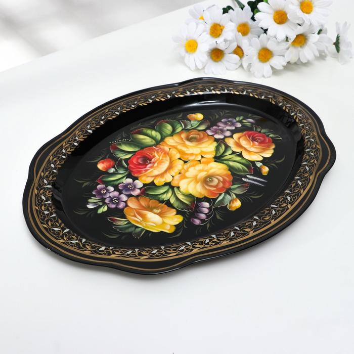 Поднос жостовский Поднос жостовский "Жёлтые розы", кружевной, автор Владыкина, 30х23 см, малый, овал