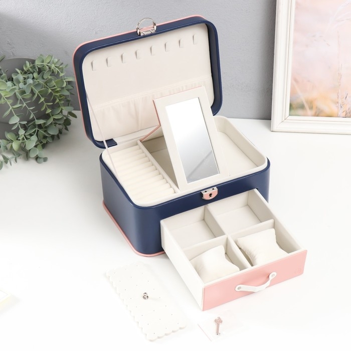 Шкатулка кожзам для украшений  Шкатулка кожзам для украшений "Шейла" синяя с розовым 25,5х18,5х14 см