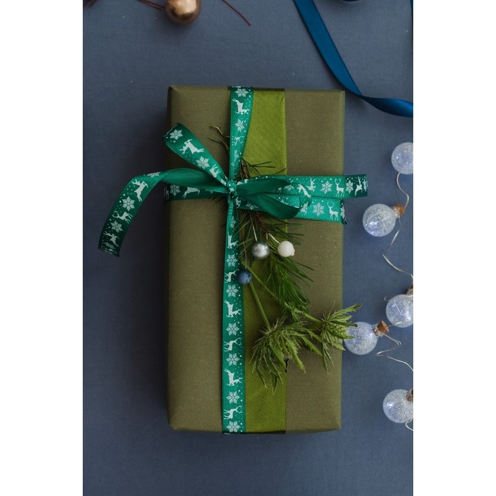 Новый год! Лента атласная «Олени», 15 мм, 23 ± 1 м, цвет зелёный №56 Новый год! Лента атласная «Олени», 15 мм, 23 ± 1 м, цвет зелёный №56