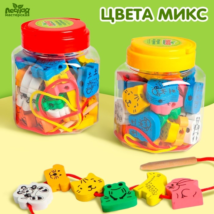 Шнуровка в банке 40 деталей  Шнуровка в банке 40 деталей "Животные", 2 иглы, 2 шнурка, цвета МИКС