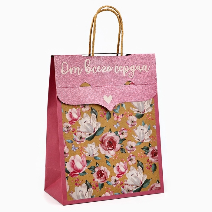 Пакет с клапаном «Цветы», крафт, глиттер, 19,5 × 10 × 25.2 см Пакет с клапаном «Цветы», крафт, глиттер, 19,5 × 10 × 25.2 см