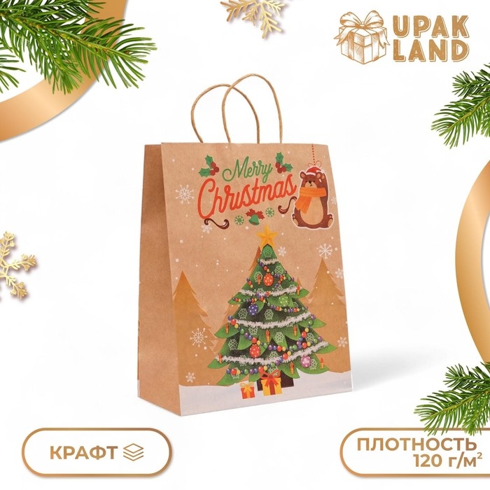 Новый год. Пакет бумажный подарочный новогодний крафт Новый год. Пакет бумажный подарочный новогодний крафт "Ёлка", 33 × 26 × 12 см.