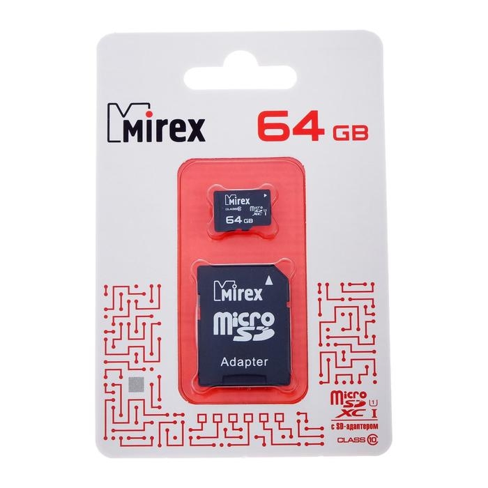 Карта памяти Mirex microSD, 64 Гб, SDXC, UHS-I, класс 10, с адаптером SD Карта памяти Mirex microSD, 64 Гб, SDXC, UHS-I, класс 10, с адаптером SD