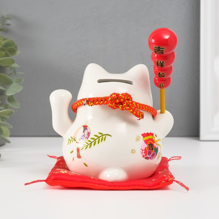 Копилка керамика Копилка керамика "Кот манэки-нэко на коврике с колокольчиками" 12,5х13х10,5 см