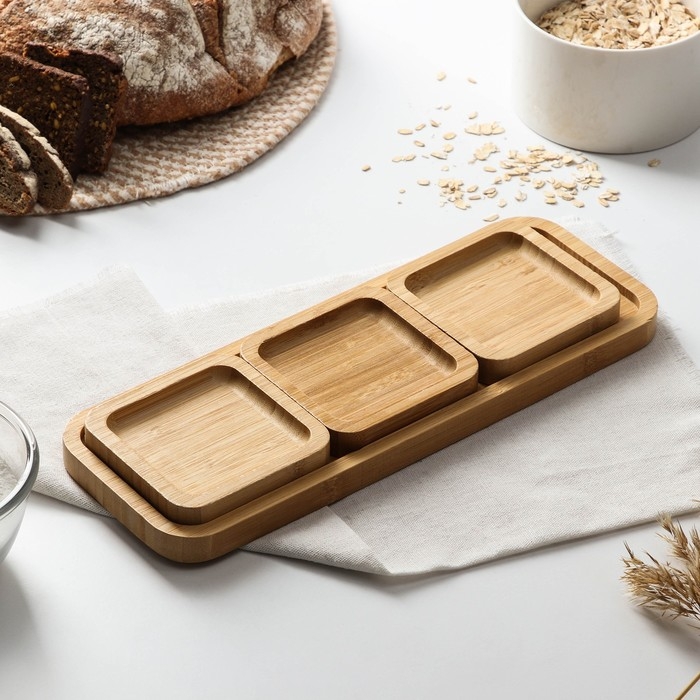 Соусник на подставке Доляна, 3 шт, 32×12×1,6 см, бамбук Соусник на подставке Доляна, 3 шт, 32×12×1,6 см, бамбук