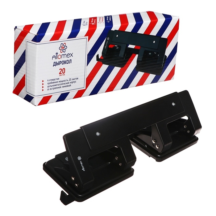 Дырокол металлический 20 листов, Attomex, форматная линейка, чёрный Дырокол металлический 20 листов, Attomex, форматная линейка, чёрный