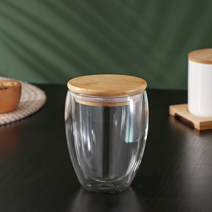 Стакан стеклянный с двойными стенками и бамбуковой крышкой BellaTenero «Эко», 330 мл Стакан стеклянный с двойными стенками и бамбуковой крышкой BellaTenero «Эко», 330 мл