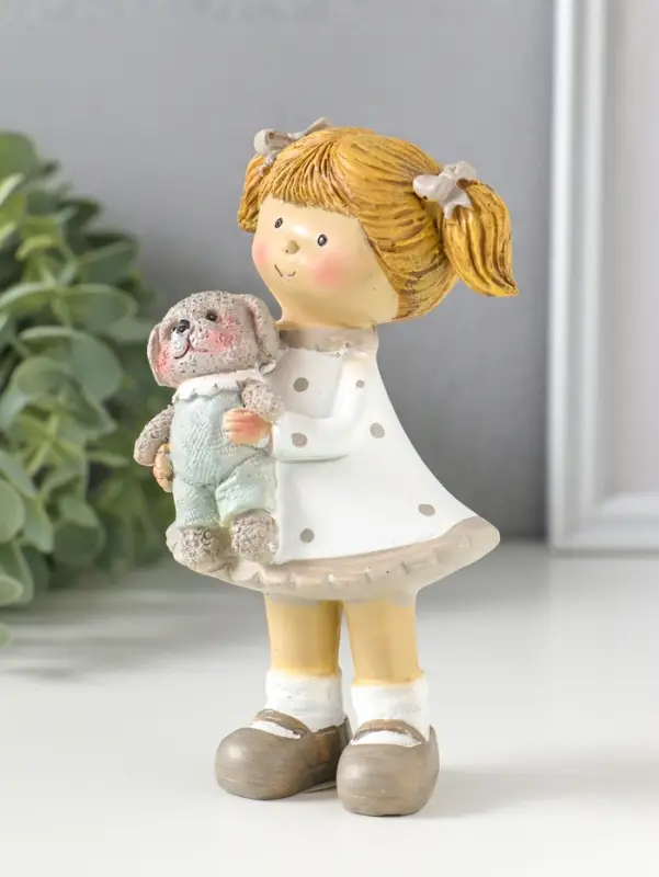 Сувенир полистоун "Девочка с хвостиками в белом платье в горох, с щенком" 8,5х5,5х13 см