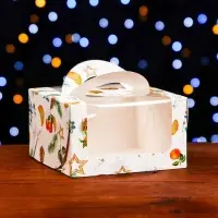 Коробка под бенто - торт с окном «Мандарины и звезды», 14×14×8 см, Новый год