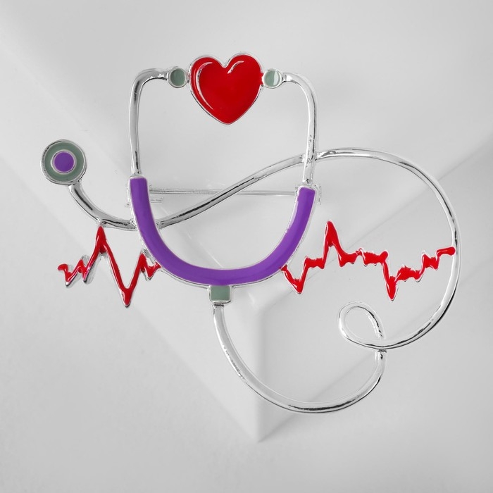 Брошь «Стетоскоп» кардиограмма, цвет красно-сиреневый в серебре Брошь «Стетоскоп» кардиограмма, цвет красно-сиреневый в серебре