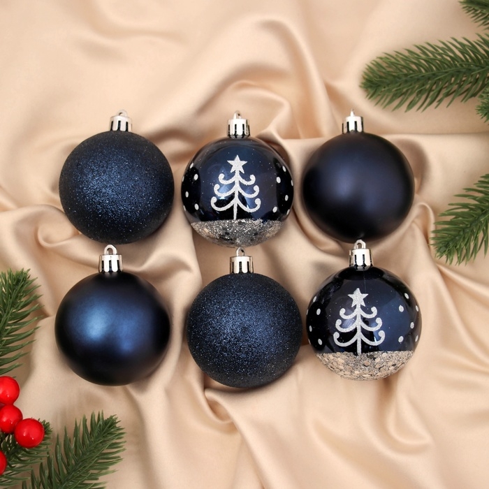 Набор шаров пластик d-6 см, 6 шт Набор шаров пластик d-6 см, 6 шт "Перелив ёлочка" синий