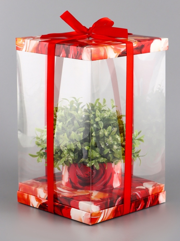 Коробка PVC, для цветов с лентой, 28 х 18 х 18 см, красный Коробка PVC, для цветов с лентой, 28 х 18 х 18 см, красный