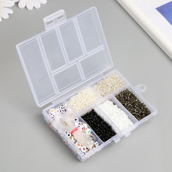 Бисер стекло 8/0 в шкатулке  Бисер стекло 8/0 в шкатулке "Чёрно-белый" бусины + нить 0,8 мм 5 м 12х8,4х2,2 см