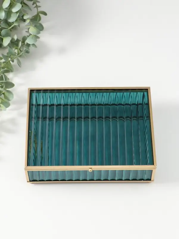 Шкатулка стекло с металлическим каркасом  "Линии" голубая 17х21,5х6,5 см