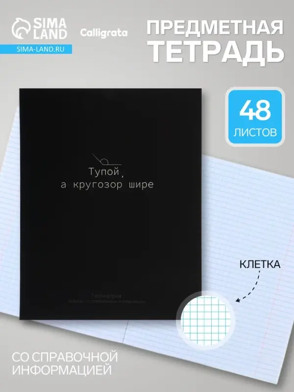 Предметная тетрадь по геометрии Calligrata &laquo;На Чёрном&raquo;, серые листы, 48 листов, в клетку, со справочным материалом, обложка из мелованного картона