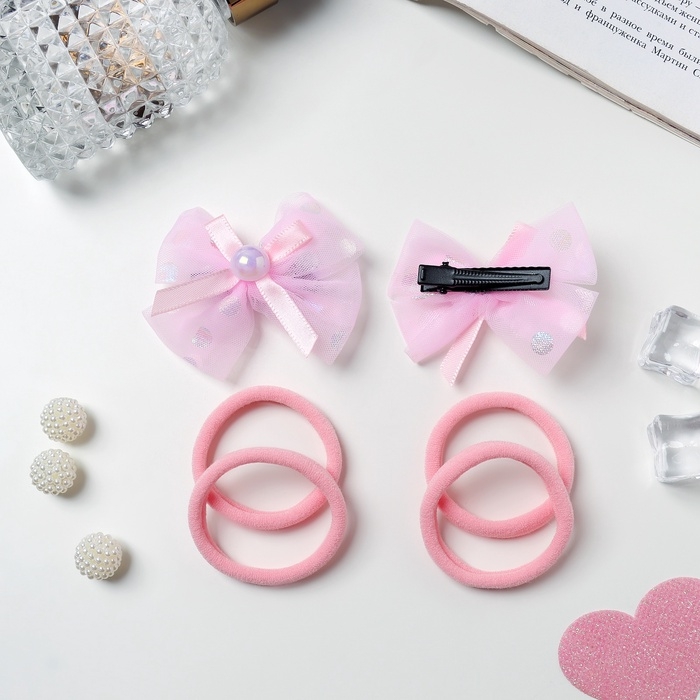 Набор для волос Набор для волос "Кокетка" (4 резинки 4 см, 2 зажима 7 см) бантик переливы, розовый