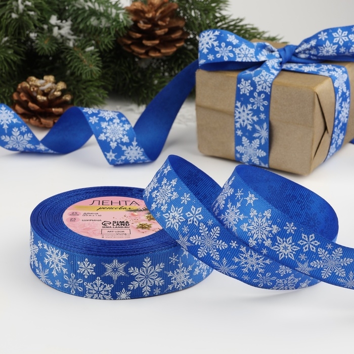 Новый год! Лента репсовая «Праздничные снежинки», 25 мм, 23 ± 1 м, цвет синий/белый №0055 Новый год! Лента репсовая «Праздничные снежинки», 25 мм, 23 ± 1 м, цвет синий/белый №0055