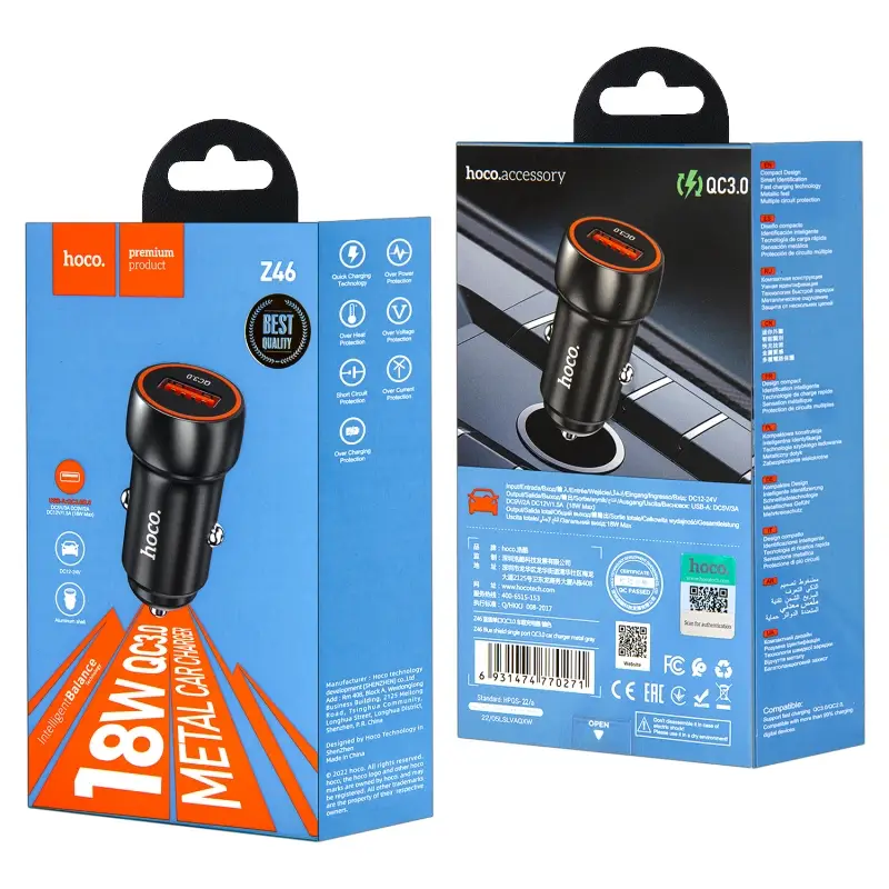 Переходник Z46 АЗУ на USB 18W QC3.0 HOCO серый Переходник Z46 АЗУ на USB 18W QC3.0 HOCO серый