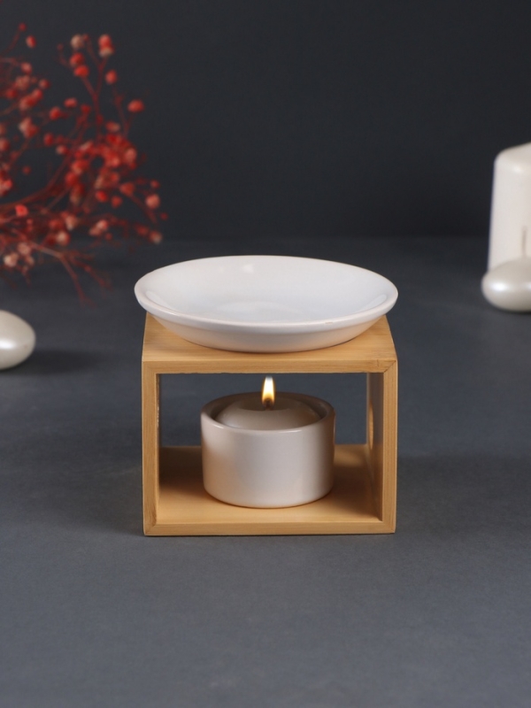 Аромалампа бамбук, керамика с подставкой под свечу "Строгие линии" белая 9,8х9,8х8 см