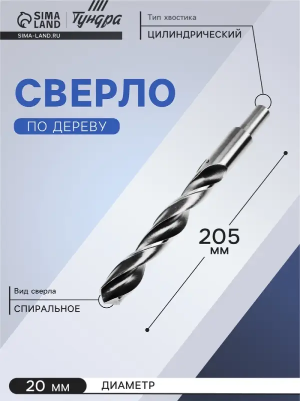 Сверло по металлу ТУНДРА, HSS, цилиндрический хвостовик, 20&times;205 мм