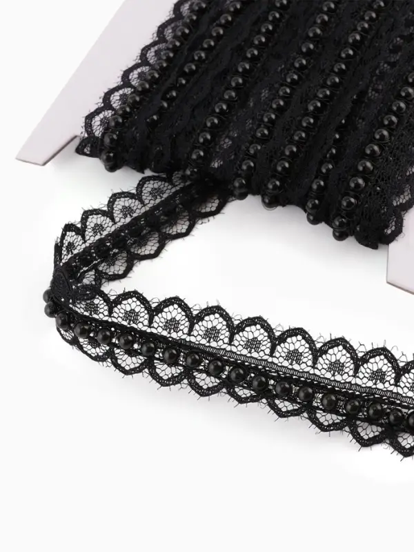 Рюш кружевной, с бусинами, 17 мм, 4.5&plusmn;0.5 м, чёрный