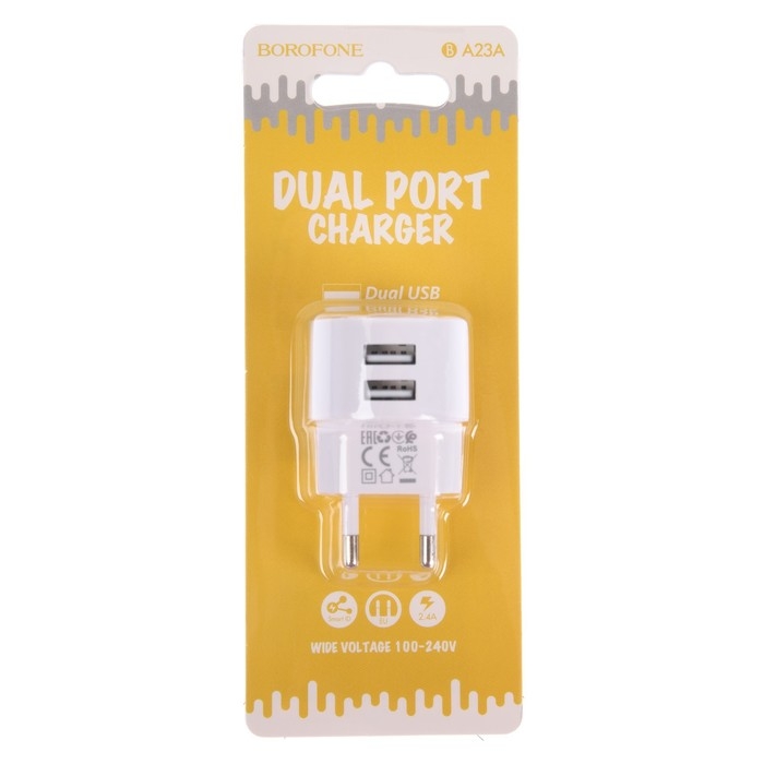 Сетевое зарядное устройство Borofone BA23A, 2xUSB, 2.4 А, белое Сетевое зарядное устройство Borofone BA23A, 2xUSB, 2.4 А, белое
