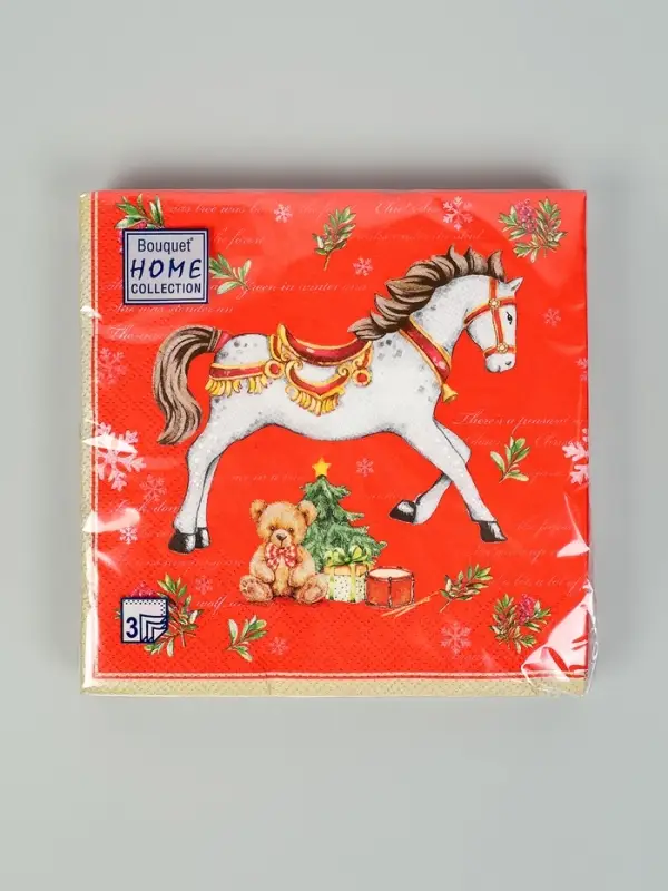 Салфетки бумажные трёхслойные «Новогодняя лошадка. Красный фон», 33х33, 20шт Салфетки бумажные трёхслойные «Новогодняя лошадка. Красный фон», 33х33, 20шт