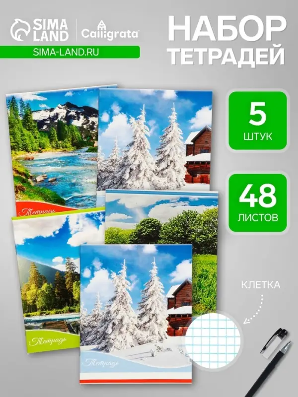 Комплект тетрадей 5 штук, 48 листов в клетку Calligrata &laquo;Времена года&raquo;, обложка мелованный картон, блок офсет