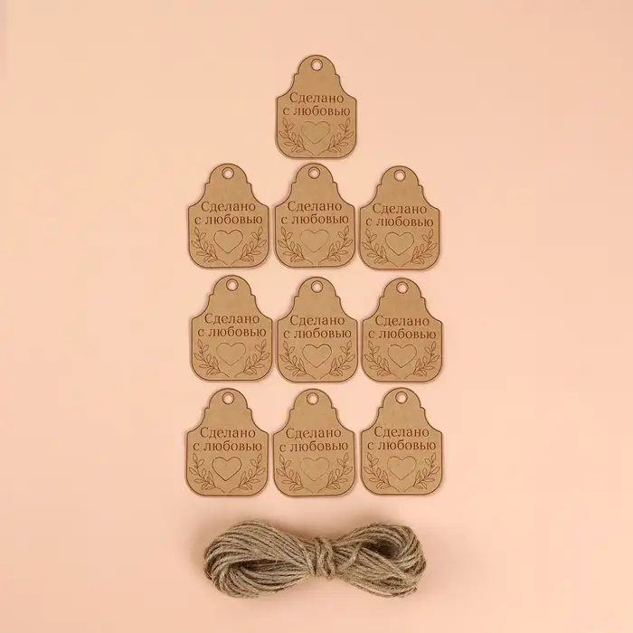 Набор бирок с джутом и наклейками &laquo;Сделано с любовью&raquo;, крафтовый, 10 шт., 4.7&times;6 см/6 шт., 4.2&times;3.5 см