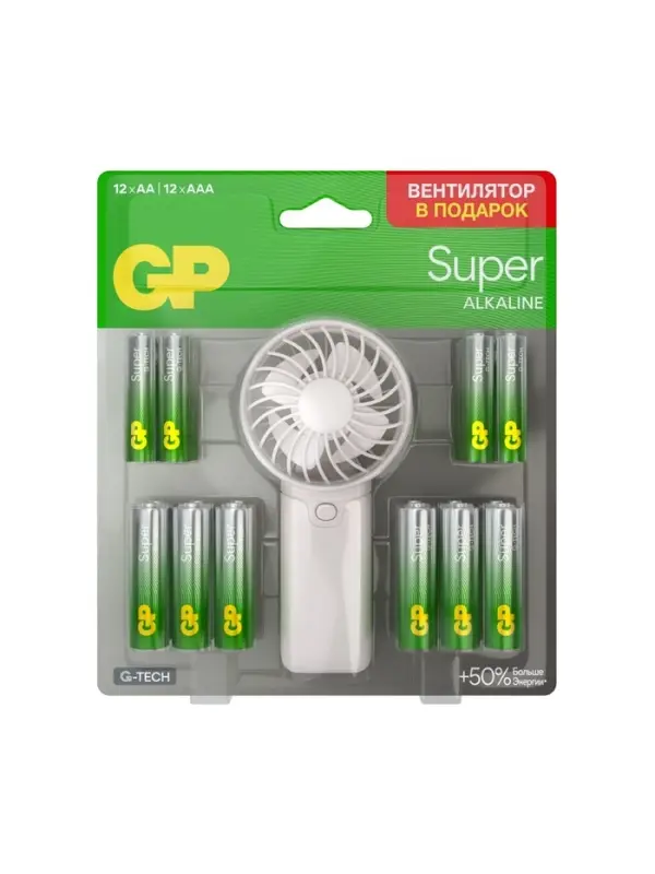 Батарейка алкалиновая GP Super, ААА+АА, LR03+LR6-24BL, 1.5 В, блистер 12+12 шт, вентилятор