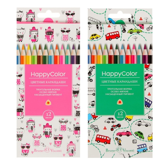 Карандаши 12 цветов BrunoVisconti Happycolor, трёхгранные, МИКС Карандаши 12 цветов BrunoVisconti Happycolor, трёхгранные, МИКС