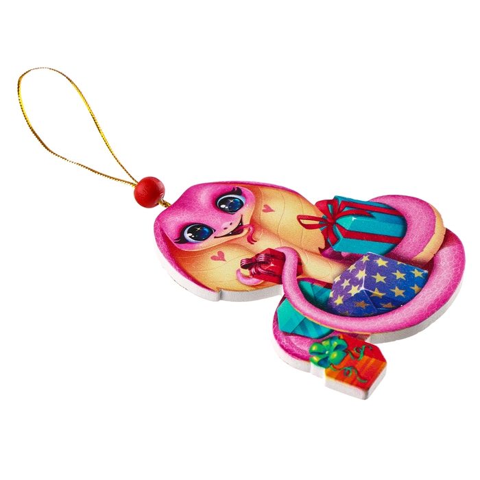 Ёлочная игрушка - подвеска деревянная «Новый год! Змея с подарками», символ года 2025 Ёлочная игрушка - подвеска деревянная «Новый год! Змея с подарками», символ года 2025