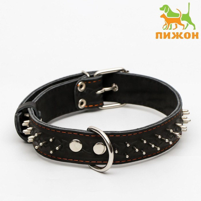 Ошейник кожаный двухслойный клёпаный Ошейник кожаный двухслойный клёпаный "Ёж", 65 х 3,5 см, ОШ 50-60 см, чёрный