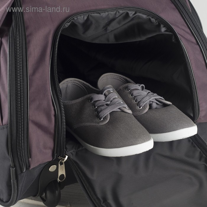 Сумка дорожная на колёсах, отдел на молнии, отдел для обуви, 3 наружных кармана, длинный ремень, цвет чёрный/коричневый Сумка дорожная на колёсах, отдел на молнии, отдел для обуви, 3 наружных кармана, длинный ремень, цвет чёрный/коричневый