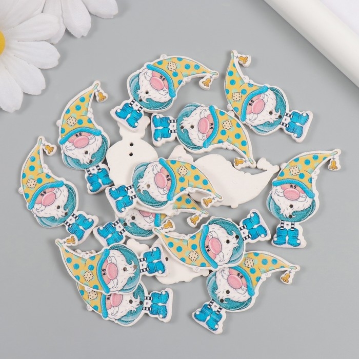 Пуговицы дерево для творчества 2 прокола Пуговицы дерево для творчества 2 прокола "Гном в колпаке в горох" набор 15 шт 2х4 см