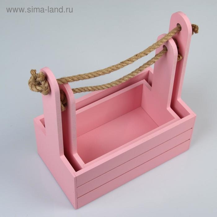 Набор кашпо деревянных 2 в 1 (25×15×30; 21×12×23 см) "Dear", ручка канат, розовый
