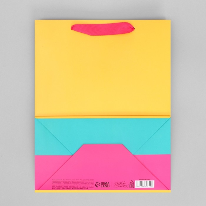 Пакет подарочный трёхцветный, упаковка, «Жёлтый-розовый-голубой», MS 18 х 23 х 10 см