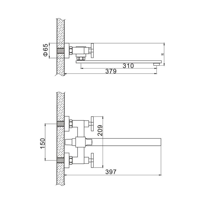 Смеситель для ванны Accoona A7175, двухрычажный, дивертор в корпусе, с душевым набором Смеситель для ванны Accoona A7175, двухрычажный, дивертор в корпусе, с душевым набором