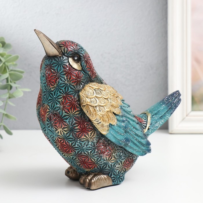 Сувенир полистоун "Птица, сине-красные снежинки" блёстки 18,5х10х17 см