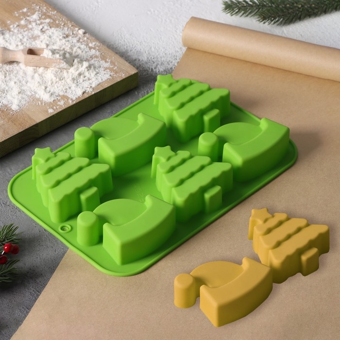 Форма для выпечки новогодняя Доляна «Новый год. Ёлка и Дед мороз», силикон, 25×17 см, 6 ячеек, цвет зелёный Форма для выпечки новогодняя Доляна «Новый год. Ёлка и Дед мороз», силикон, 25×17 см, 6 ячеек, цвет зелёный