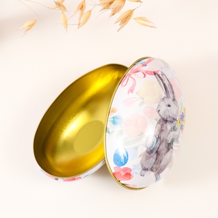 Шкатулка металл яйцо  Шкатулка металл яйцо "Пасхальный зайка с букетом и шляпой" 7х6,5х11 см