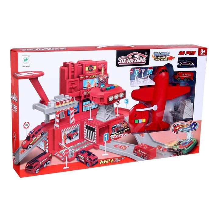 Парковка «Пожарная часть», с самолётом, свет и звук, машина меняет цвет от воды Парковка «Пожарная часть», с самолётом, свет и звук, машина меняет цвет от воды