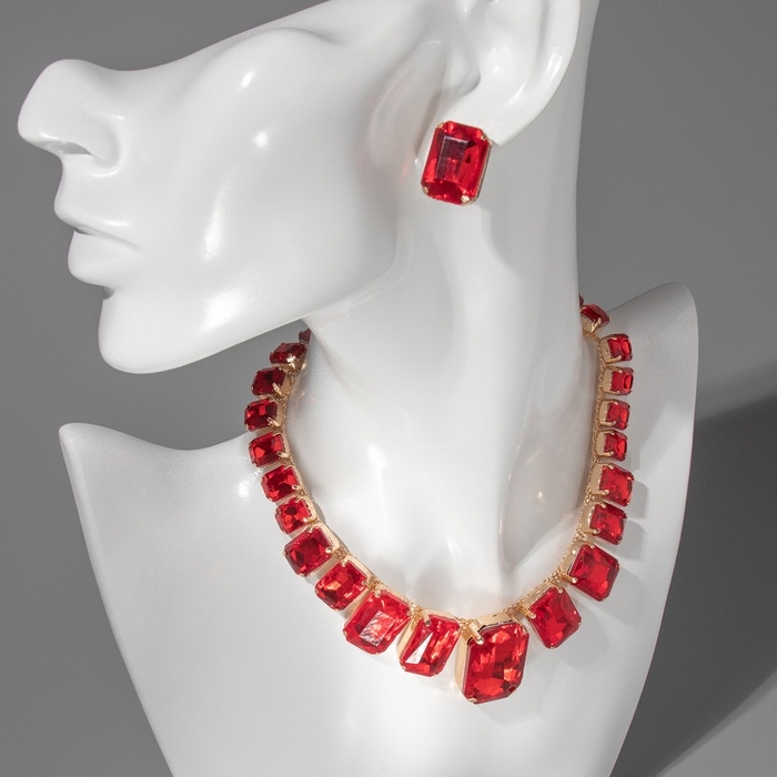 Набор 4 предмета: серьги, колье, браслет, кольцо «Вечерний» объём, красный в золоте Набор 4 предмета: серьги, колье, браслет, кольцо «Вечерний» объём, красный в золоте