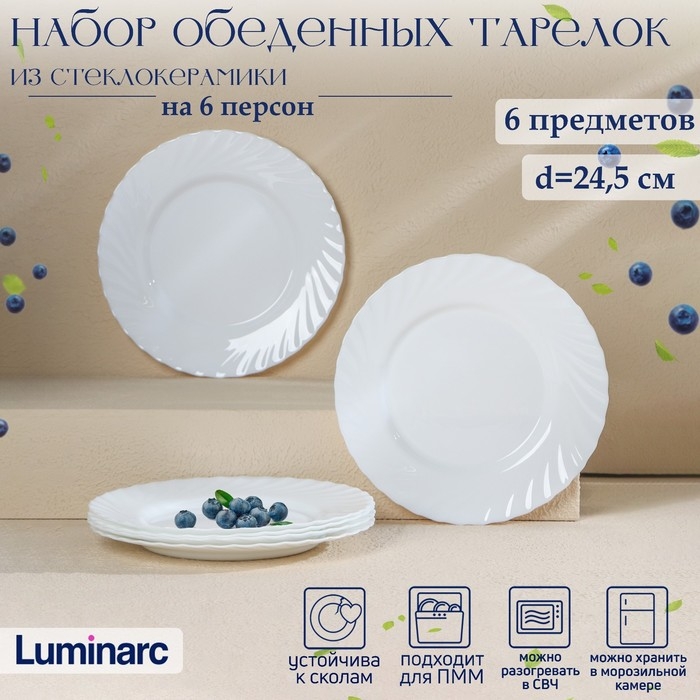 Набор обеденных тарелок Luminarc TRIANON, d=25 см, стеклокерамика, 6 шт, цвет белый Набор обеденных тарелок Luminarc TRIANON, d=25 см, стеклокерамика, 6 шт, цвет белый