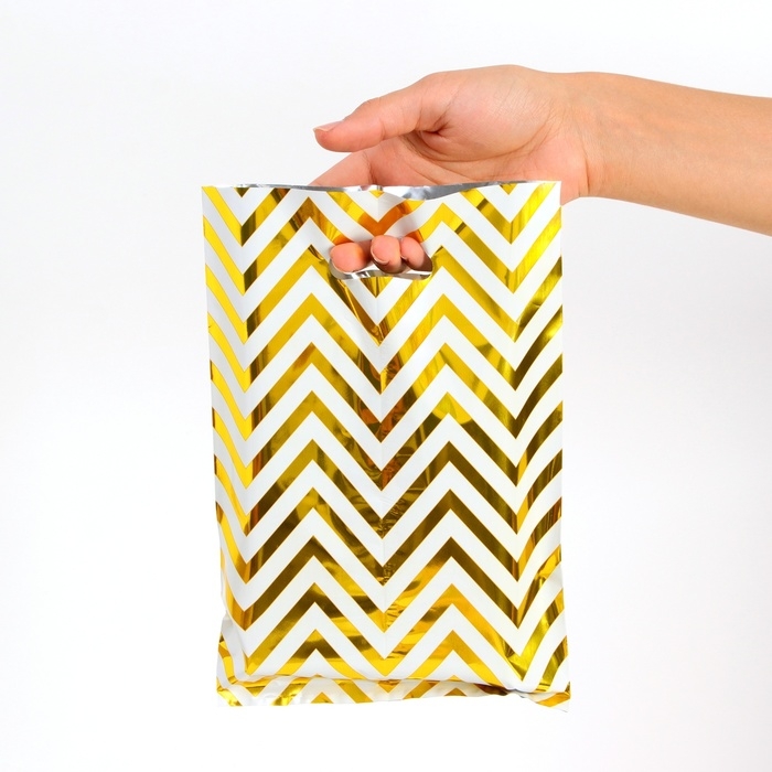 Набор подарочных пакетов, металлизированныей, Набор подарочных пакетов, металлизированныей, "Зиг-заг" золотой 17х25 см , 20 микрон 10 шт набор