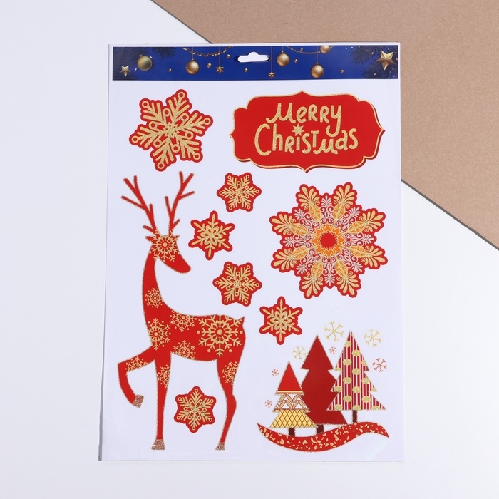 Наклейки на окна Наклейки на окна "Merry Christmas" красный олень, 29 х 41 см