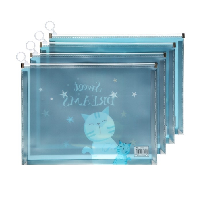 Папка-конверт на молнии формат А4, 180мкр, прозрачная с рисунком Папка-конверт на молнии формат А4, 180мкр, прозрачная с рисунком "Котик", МИКС