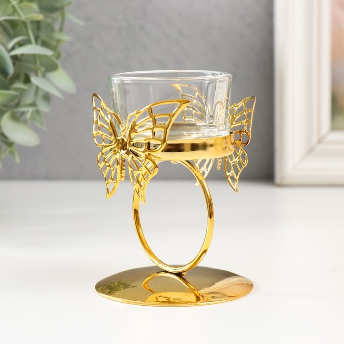 Подсвечник металл на 1 свечу Подсвечник металл на 1 свечу "Бабочка и кольцо" d=5 см золото 6,5х6,5х9,3 см