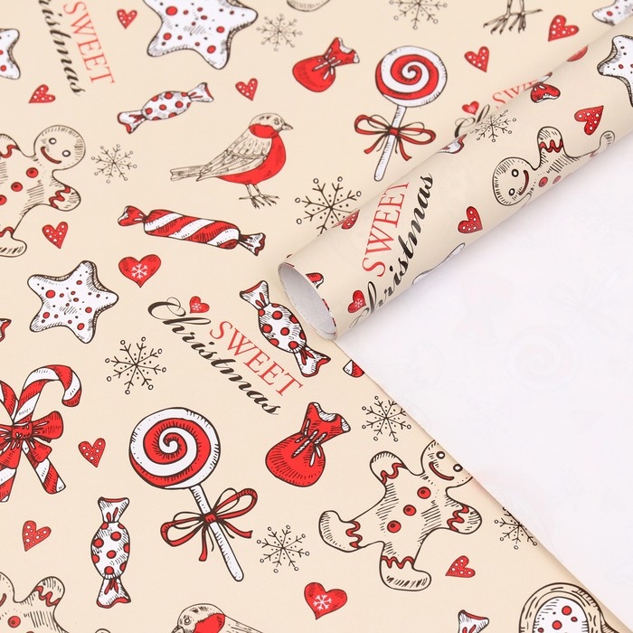 Новый год. Бумага упаковочная глянцевая  Новый год. Бумага упаковочная глянцевая "Рождественская конфета", 70 х 100 см, 1 лист